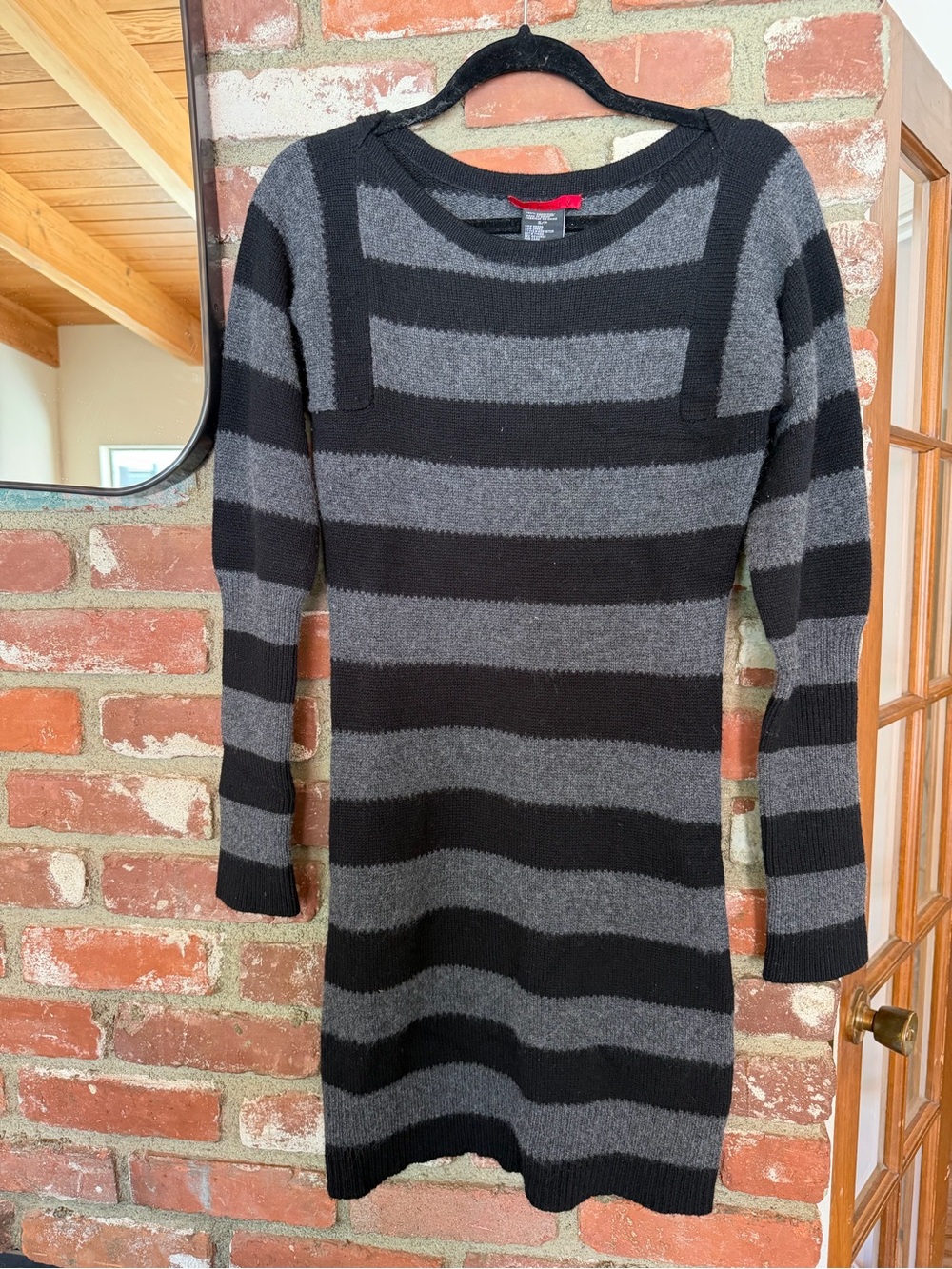 Theory Cashmere Black and Gray Striped Crewneck Sweater Dress